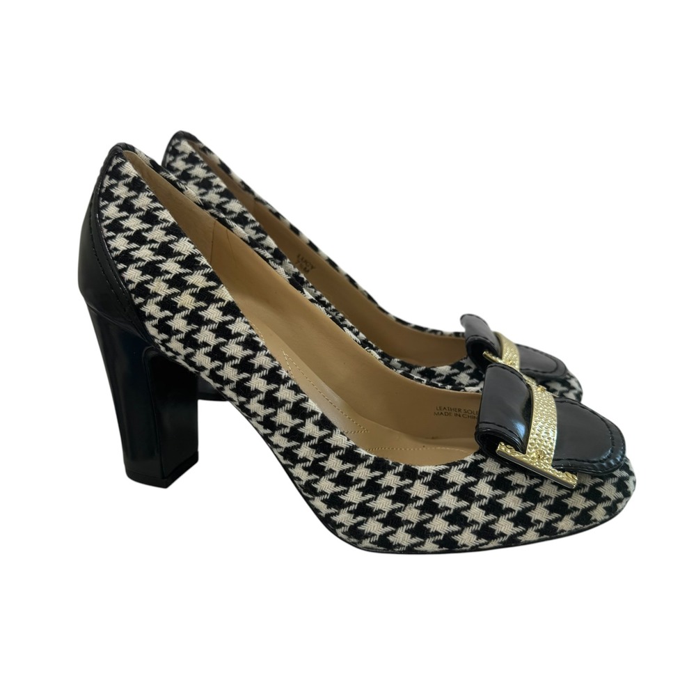 Tahari Lucy Houndstooth Preppy Block Heel Pumps Black White Gold Accent 7.5M
